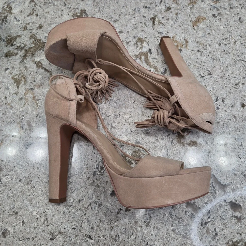 Michael Kors‎ Suede Lace Up Tassel Platform Block Heels Tan Women's Shoes
